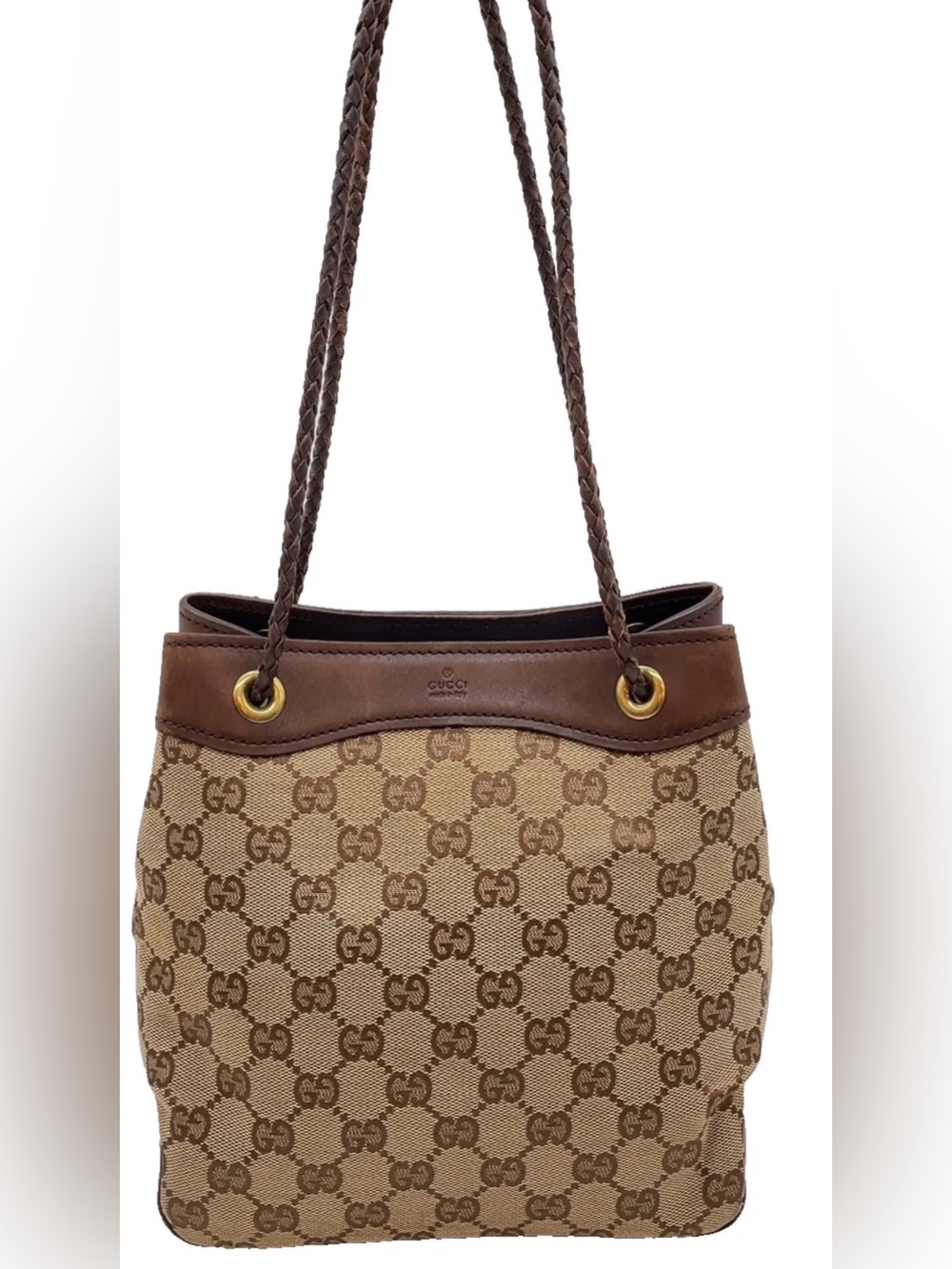 Gucci Brown GG Canvas Shoulder Bag authentic GG MONOGRAM LEATHER TRIM